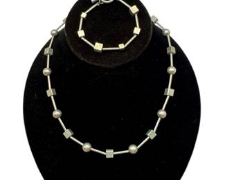 925 Sterling Silver Geometric Necklace and Bracelet Set