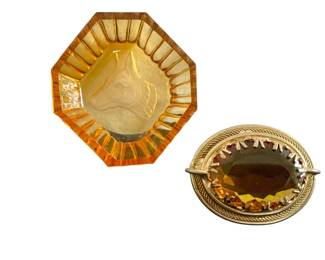 Gold tone faceted amber stone brooch, etched amber MCM trinket dish