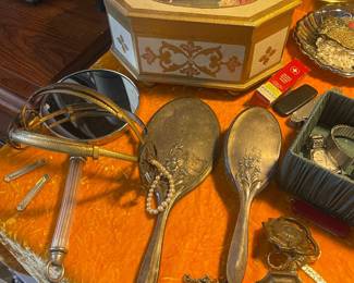 Silverplate Brush & Mirror, Brass Headpiece, Vintage Jewelry Box
