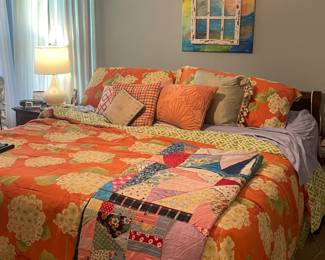 King Size Adjustable Bed, Bedding and Homemade Quilt, Artwork