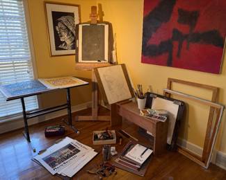 Easel, drawing bench, drafting table, canvas stretchers, art books, and lots of gently used art supplies.