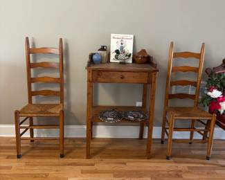 Wash stand, ladder back chairs