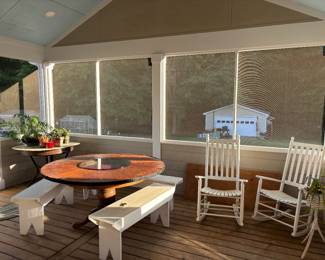 Benches, rocking chair, wooden table