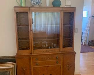 Walnut Stenciled  Step Back China Cabinet  