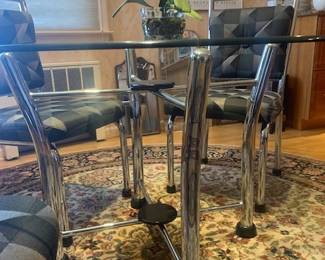 Tubular Chrome and Glass 5ft Round Table w/ Set of 4 Matching Side Chairs- Great Condition 