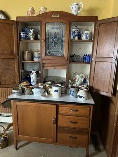 Antique Hoosier Cabinet/ Collectible Pottery