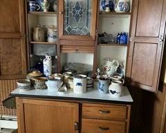 Antique Hoosier Cabinet/ Collectible Pottery