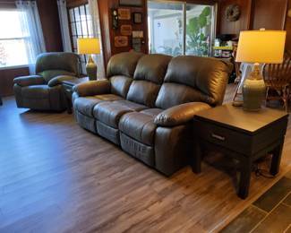PRESALE - $350 POWER DUAL RECLINING SOFA & $50 POWER RECLINING CHAIR WITH STAINS ON RIGHT ARM, $75 FOR EACH OF TWO END TABLES WITH DRAWER, POWER AND USB PORTS