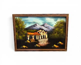 65 LargeMCMBlackLightVelvetPaintingMountainVillaScene