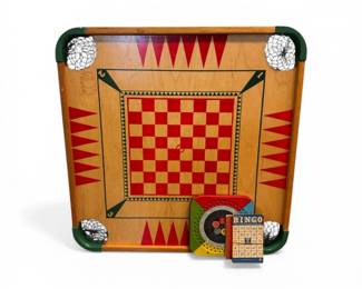 57 VintageWoodenGameBoardCheckerBingoSpinnerCards