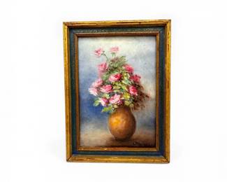 116 AntiqueMiniatureFloralOilPaintingonCanvasSigned