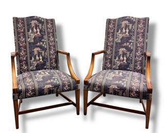 32 PairUpholsteredWoodArmchairswScenicFabricCarvedArms