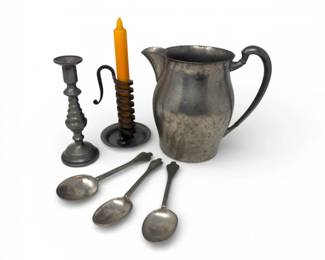 26 AntiquePewterPitcherCandlestickFrenchSpiralHolderSpoons