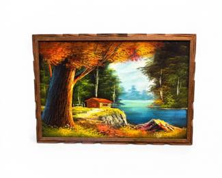 63 LargeMCMBlackLightVelvetPaintingCabinLakeScene