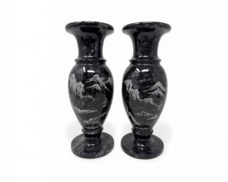 50 BlackStoneVasePairwEtchedHawaiiLandscapeScene
