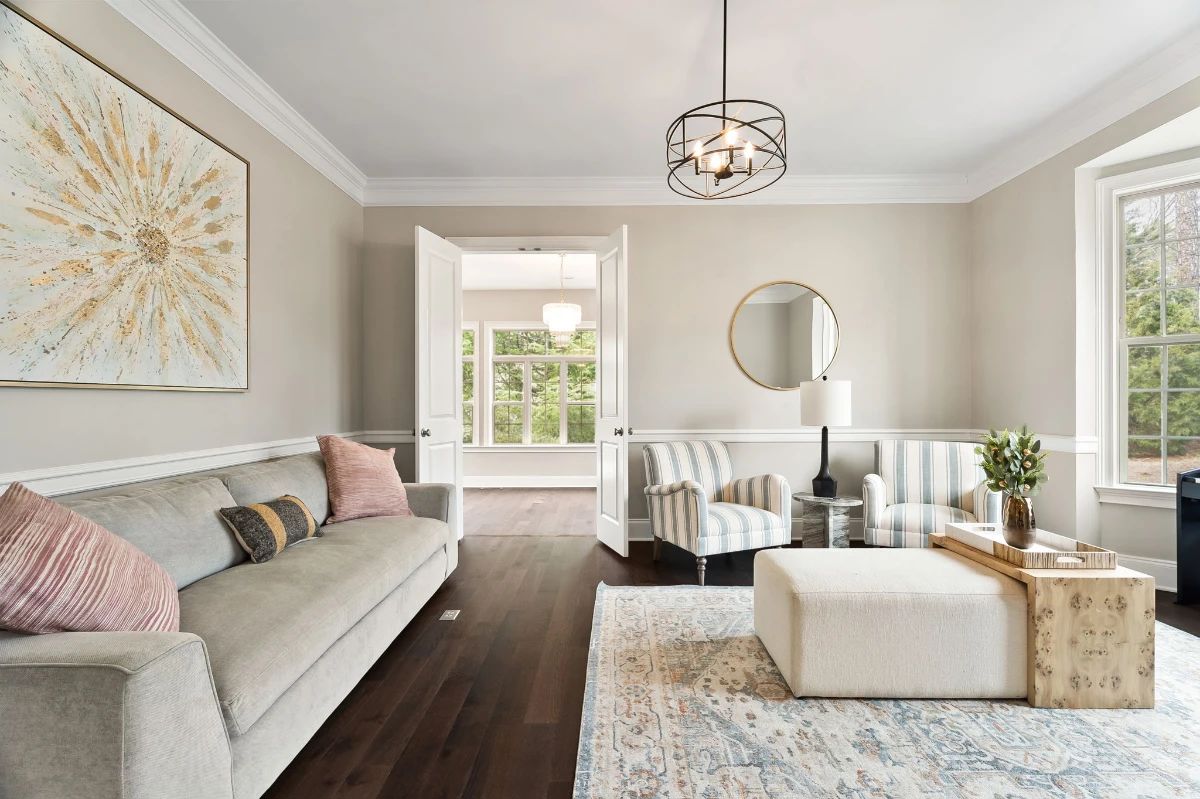 Couch x2, Side chair x2, coffee table, lamp, art, Piano, 