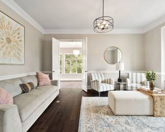 Couch x2, Side chair x2, coffee table, lamp, art, Piano, 