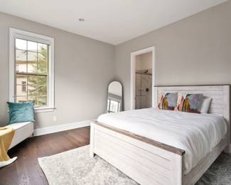 rug, queen bed and mattress, throw, bench, throw pillows