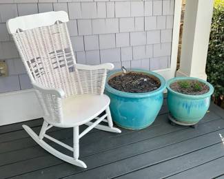 Wicker Rocking Chair And Planters
