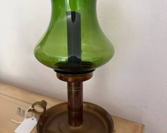 Brass candle holder w/green glass