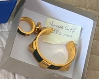 Hermes Spike cuff bracelet and scarf ring in green lizard (disregard note, does not apply)
