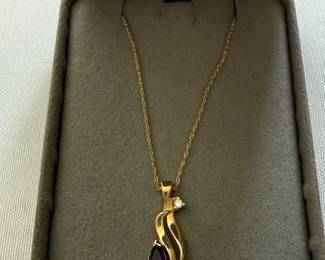 14k gold chain & pendant w amethyst and diamond