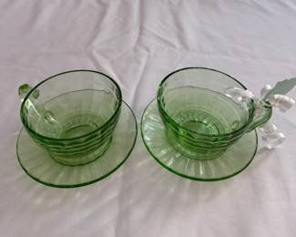Uranium glass cups & saucers, 2 prs.
