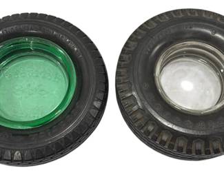 Two Vintage Tire Advertising Ashtrays, GOODRICH Uranium Glass & FIRESTONE