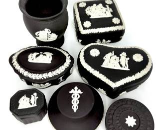 Lot of 7 Vintage Wedgwood Black Jasperware Pill Boxes, Trinket Boxes, and More! 