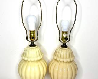 Vintage Set of 2 Taupe Ceramic Ginger Jar Lamps with Asian Finials 