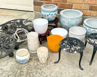 Ceramic Flower Pot and Plant Stand Lot - Cast Iron Plant Stands, Decorative Pots 