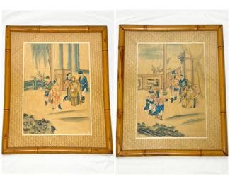 Set of 2 Vintage Chinese Watercolor Paintings on Silk in Bamboo Frame 
