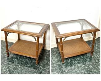Set of 2 Vintage Cane Bottom Nightstands with Glass Tops 