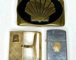 Vintage Shell Oil Collectible Lot - Lighter and Belt Buckles 
