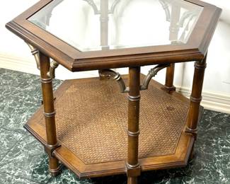 Vintage Hexagonal Table with Cane Bottom and Glass Top 