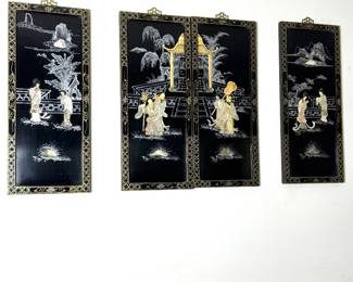 Set of 4 Vintage Asian Black Lacquer Wall Plaques 