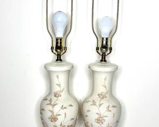 Set of 2 Vtg Porcelain Floral Lamps with Asian Finials 