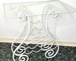 Vintage White Wrought Iron Wine Rack Table with Glass Top 