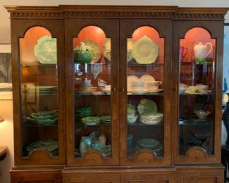 Henredon 18th Century Portfolio Lighted Cabinet Filled with Cabbage Ware, Spode, and Various China and Glassware