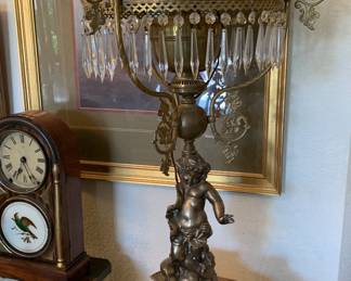 Antique John Scott Oil Lamp with Ornate Brass Cherub, Hanging Crystals, and Hand Painted Shade with Rose Design