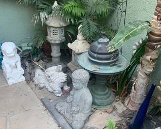Pair of White Marble Foo Dogs, Pagoda Lanterns, Buddha Statues, and 19th Century Copper and Brass Brazier Temple-Sized Censer with Bird Finial