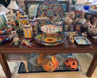 Fabulous Collection of Talavera Pottery Including Large Platters, Cannister Set, Animals, Trinket Dishes, Vases, and Pitchers