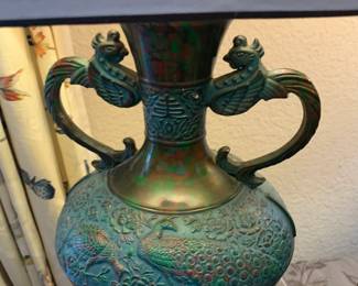 Vintage Copper Murashido Japan Kabin Ikebana Flower Vase Lamp w Peacock Handles