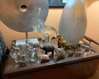 Fabulous Collection of Elephants, Elegant Contemporary Speckled Glass Lamp, Contemporary Metal Disc Art on Stand