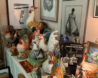 Collection of Ceramic and Porcelain Roosters and Black and White Male Art