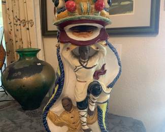 30" Wucai Porcelain Pottery Lion Dragon Dancer Statue