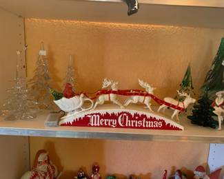 Vintage Santa and Reindeer Christmas Display, Murano, Kosta Boda, and Dept 56 Christmas Trees