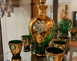 Vintage Venetian Murano Green Liquor Decanter and Six Glasses Handpainted