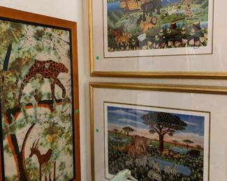 Detailed African Batik Wall Hanging, Two Numbered Lithographs by Croatian Artist Branko Paradis - Noah's Ark and Under the Rainbow