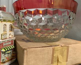 1960s 13" Ruby Flash Indiana Glass Punch Bowl Diamond Point with Cups